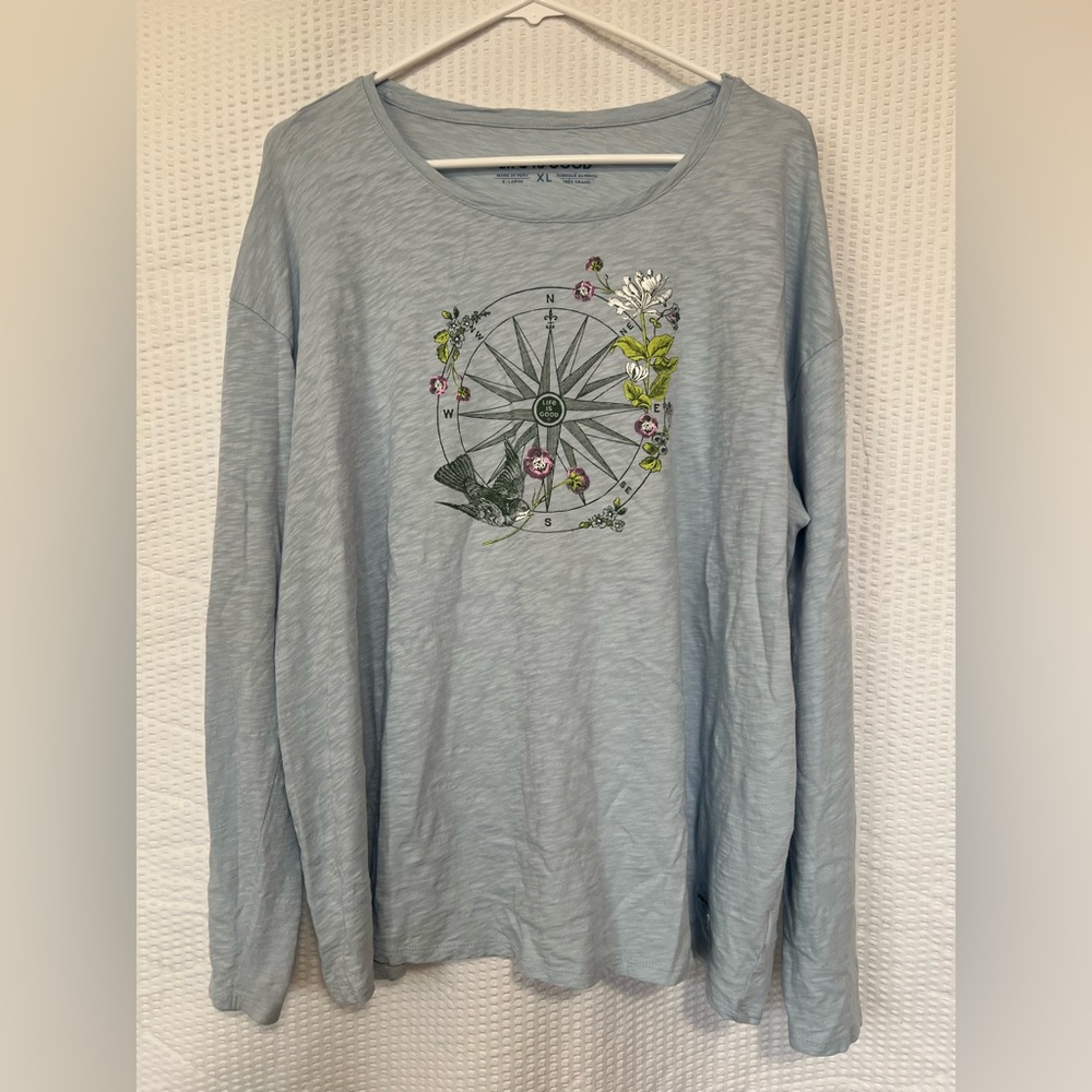 Life is Good Women’s Light Blue Compass Graphic Cotton Long Sleeve T-Shirt